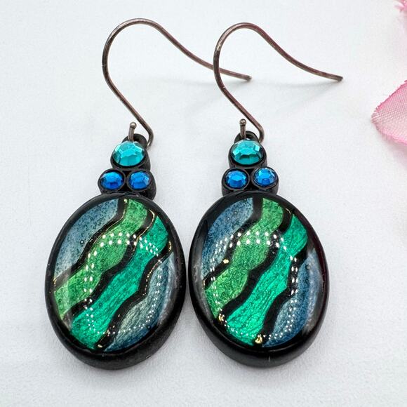 Chico’s Blue Green Metallic Enamel Stripe Rhinestone Earrings Mermaidcore Siren - Picture 1 of 11